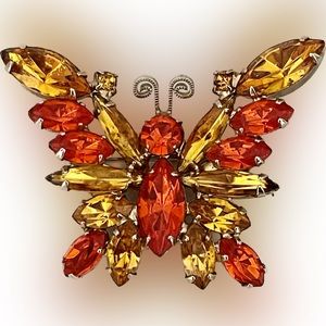 Verified JULIANA D&E Vintage Butterfly Brooch Citrine Orange Rhinestone